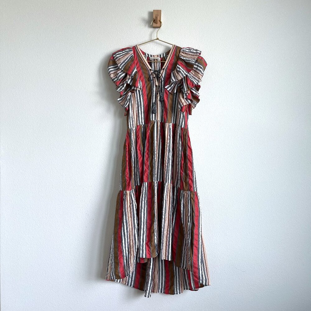 Ulla Johnson Boho Cottagecore Ruffle 100% Cotton Striped Dress - Size 0